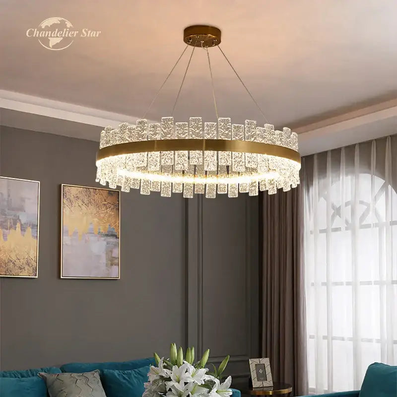 Gold-toned decorbites led round glass chandelier with clear crystals and stainless steel for bedroom and living room lighting