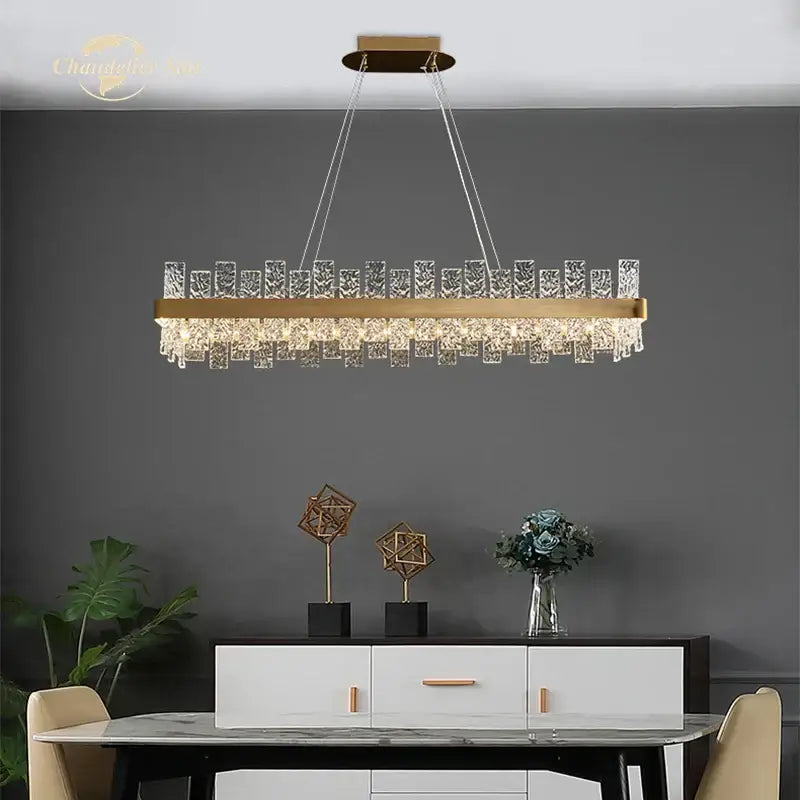 Gold-toned rectangular DecorBites LED round glass chandelier with crystal accents for bedroom and living room lighting
