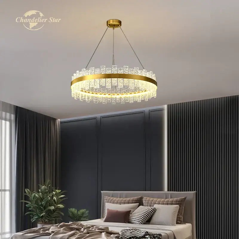 Decorbites led round gold-toned stainless steel round glass chandelier with crystal accents for bedroom and living room