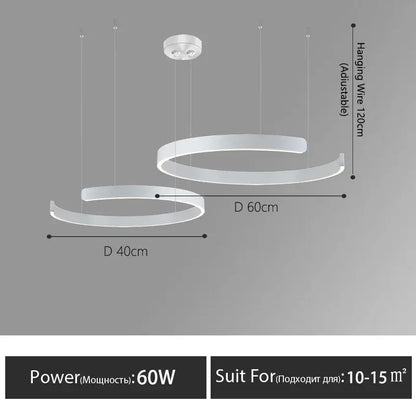 Modern white decorbites led round chandelier with two concentric curved rings suspended by adjustable wires for living spaces