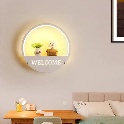 Circular white DecorBites LED round wall lamp with glowing ring and welcome engraving for children room lighting