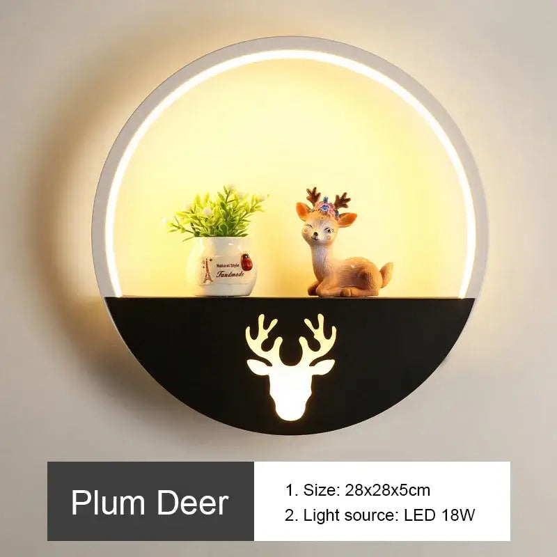 DecorBites™ LED round wall lamp with glowing white reindeer silhouette and illuminated circular frame for children room