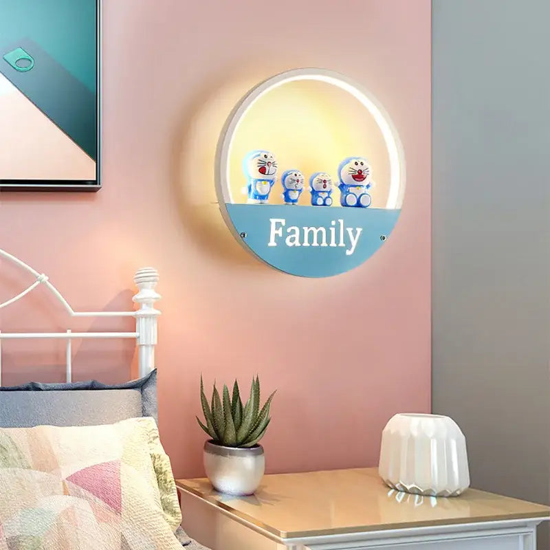 Circular decorbites led round wall lamp with glowing white ring blue panel displaying family and doraemon figurines