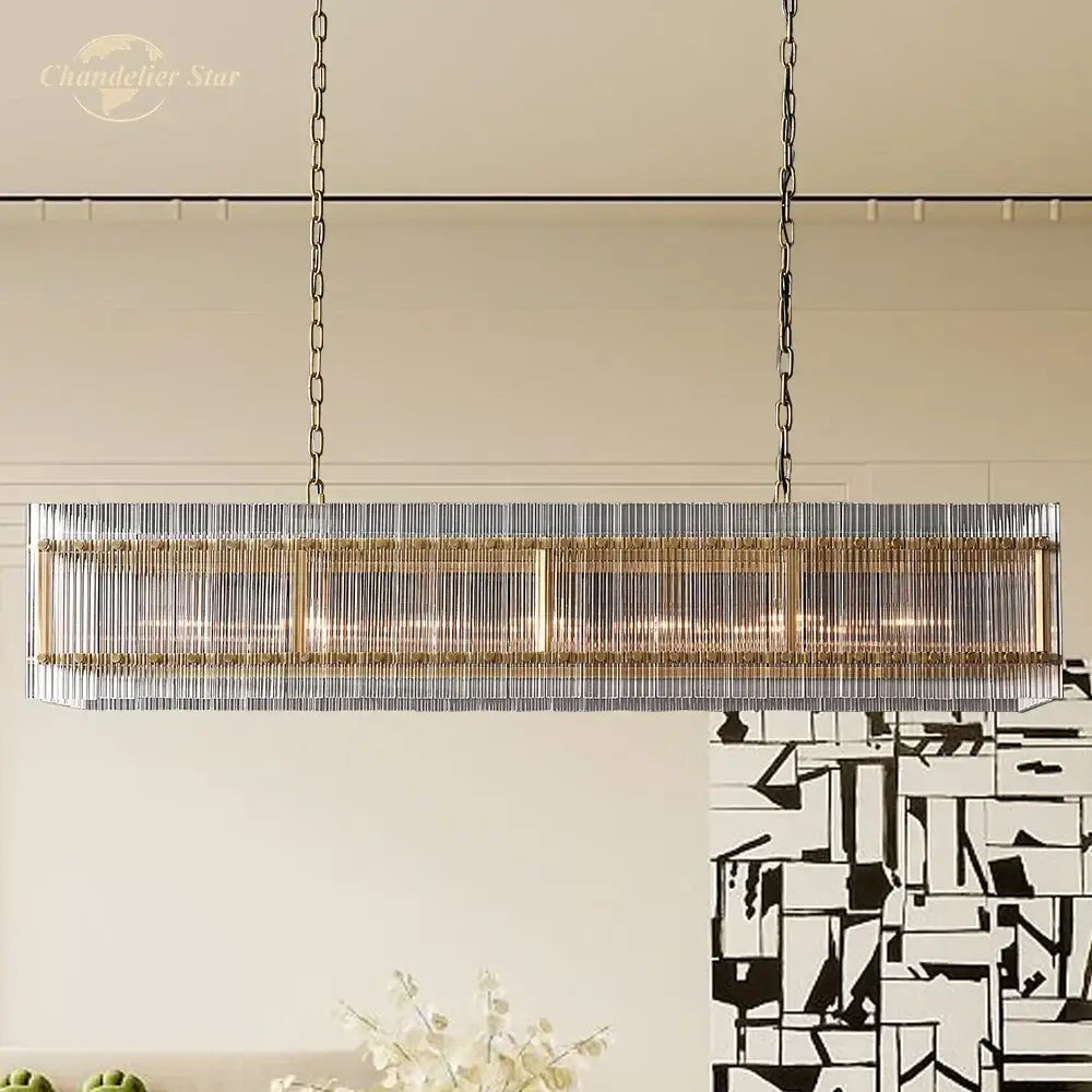 Modern rectangular decorbites led san marco glass chandelier with clear and gold-toned rods for dining or kitchen lighting
