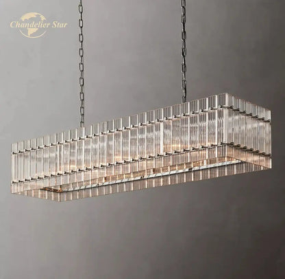Rectangular decorbites led san marco glass chandelier with clear rods and dark metal chains for modern interior lighting