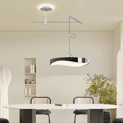 Modern black and chrome decorbites led saucer chandelier with sleek curved design for dining room office and home lighting