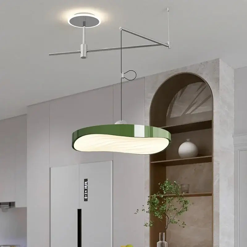 Modern green decorbites led saucer chandelier with sleek curved design and metallic arm for dining room and office lighting