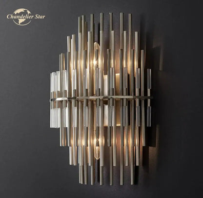 Modern metallic decorbites led sconce with vertical rods and clear glass accents for bedroom and living room lighting