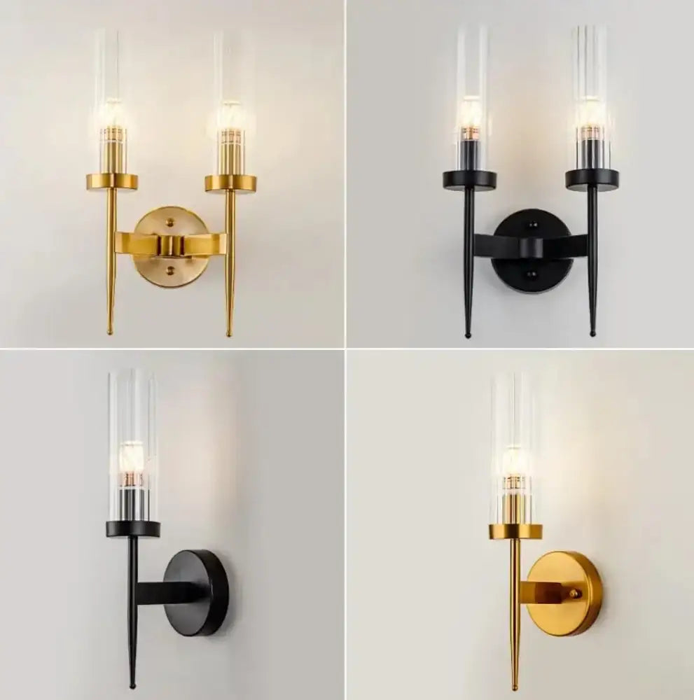 Modern minimalist decorbites led sconce with metallic gold or black finish and clear glass shades for bedroom and home use