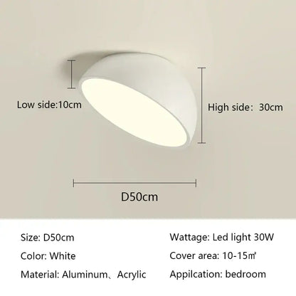 White modern decorbites led semicircular ceiling light with sleek aluminum and acrylic dome for bedroom and balcony lighting