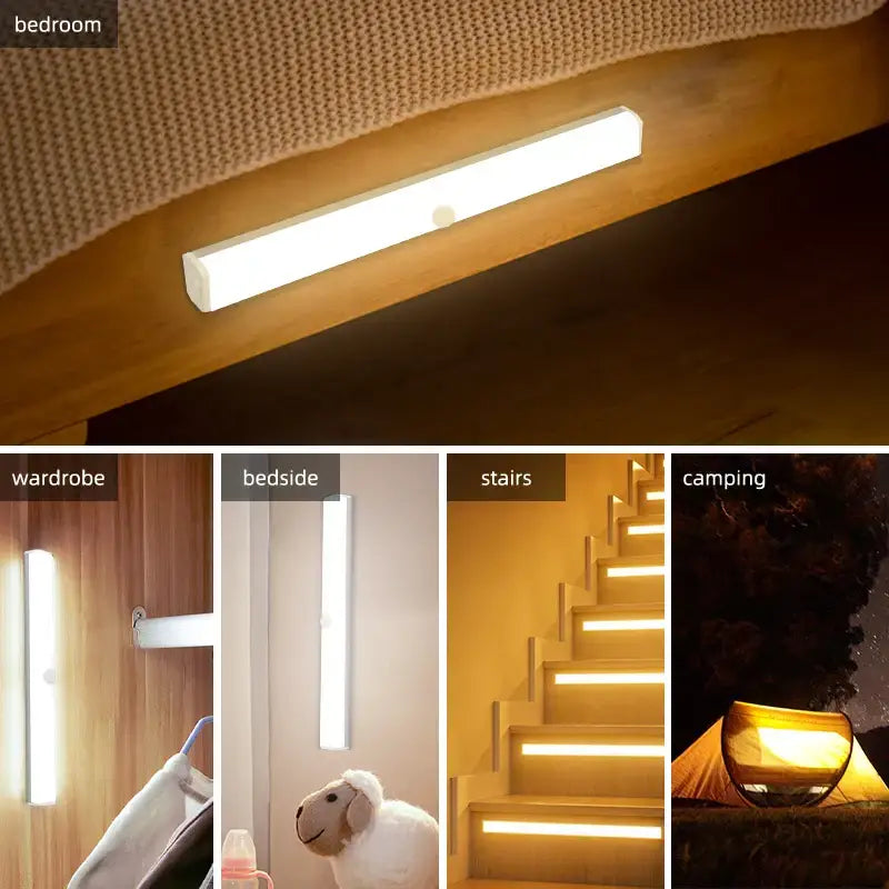 A sleek white decorbites led sensor strip light with warm glow for home kitchen night use USB rechargeable