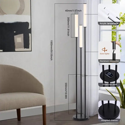 Modern black floor lamp with three tiered acrylic shades and aluminum base for decorbites led shelf room lighting