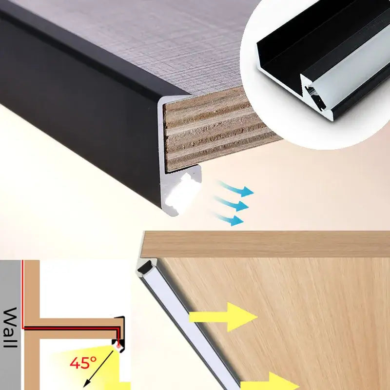 DecorBites™ led shelf light in black aluminum with integrated lighting designed for 45-degree baseboard trim installation