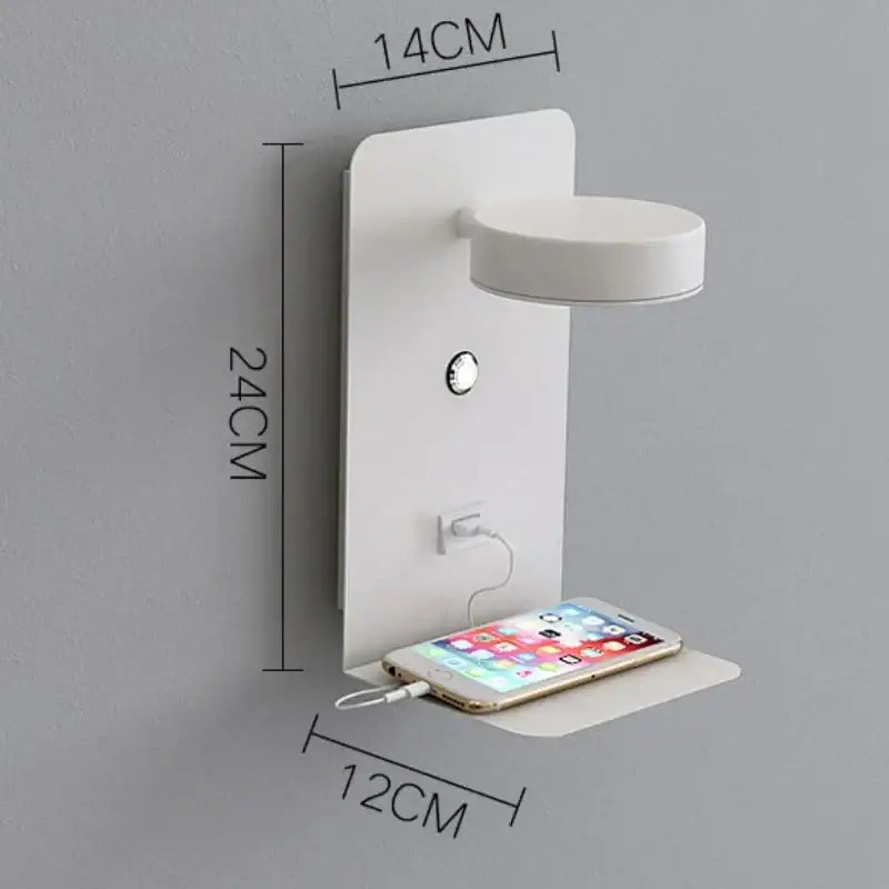 White wall lamp with decorbites led shelf featuring usb charging port led light and small circular device holder