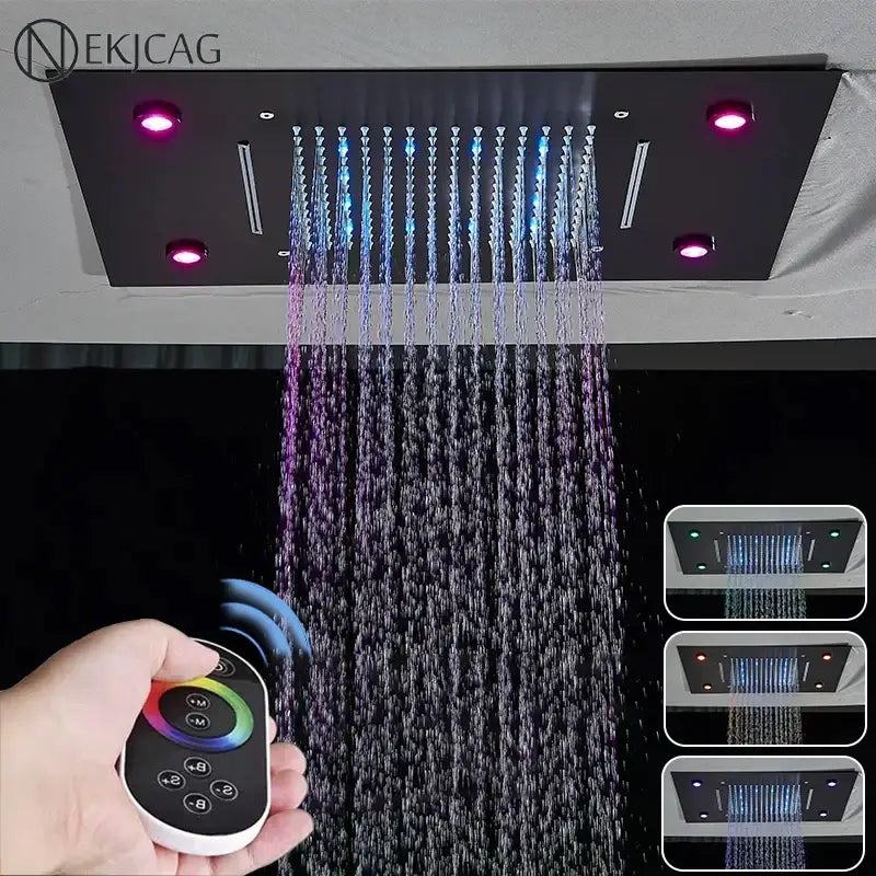 Black rectangular decorbites led shower faucet with multiple jets and blue purple led lights controlled by remote