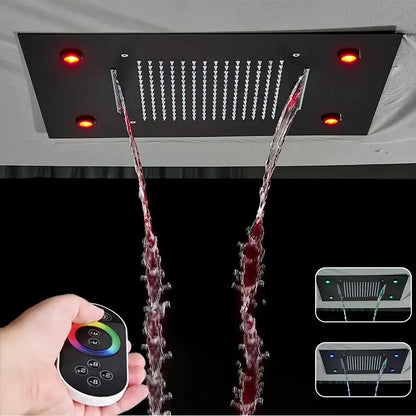 Black rectangular decorbites led shower faucet with integrated led lights and dual waterfall streams ceiling mount rainfall head