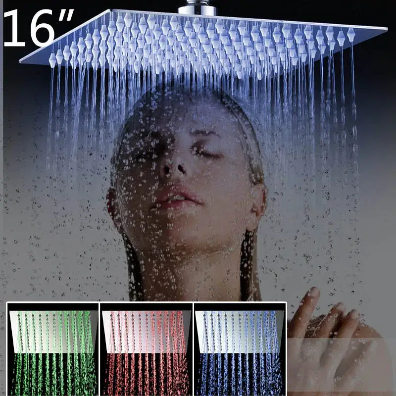 Decorbites™ led shower head square 16-inch ultra thin metallic with temperature control and colorful illuminated jets