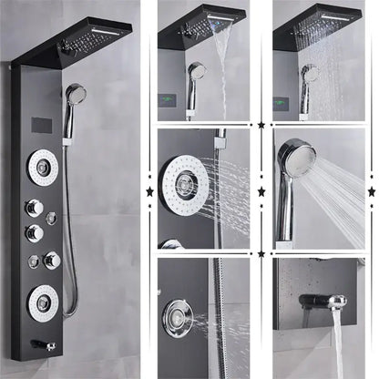 Black and chrome DecorBites led shower panel with multiple spray heads control knobs and digital temperature screen
