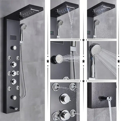 Black matte finish DecorBites LED shower panel with chrome accents, multiple spray heads, and temperature screen massage