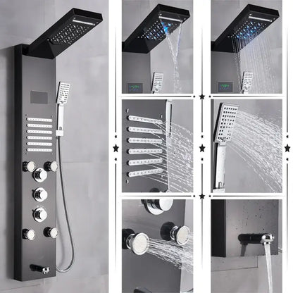 Black modern decorbites led shower panel with chrome accents and multiple spray settings and temperature screen