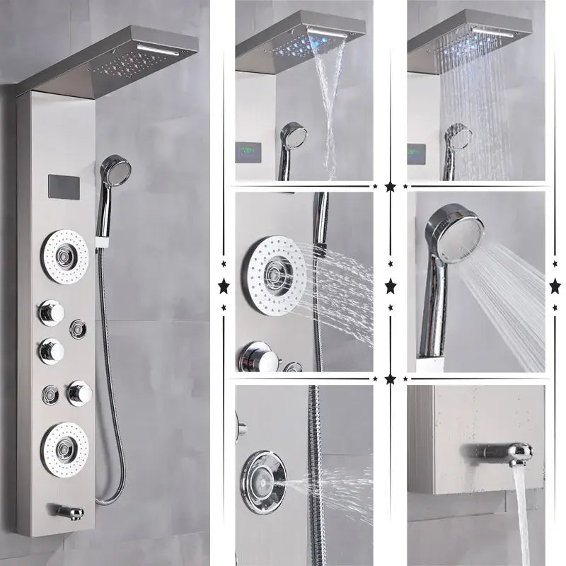 Modern chrome decorbites led shower panel with rectangular rainhead handheld spray and temperature screen massage controls