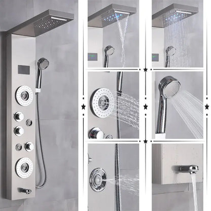 Modern chrome decorbites led shower panel with rectangular rainhead handheld spray and temperature screen massage controls