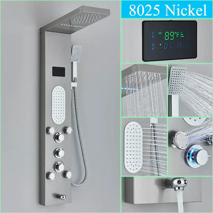 Modern 8025 nickel shower panel with sleek rectangular rainhead and multiple spray nozzles led shower panel system