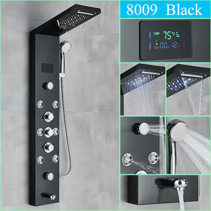 Black 8009 decorbites™ led shower panel with chrome controls and digital display featuring rainfall waterfall and back jet