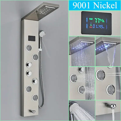 Decorbites™ led shower panel column faucet in 9001 nickel finish with multiple spray heads and digital temperature display