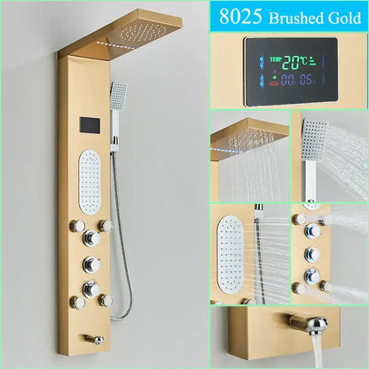 Brushed gold led shower panel with digital temperature display multiple spray heads and mixer tap by decorbites