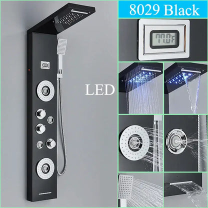 Black 8029 model decorbites led shower panel with chrome accents and led lighting for spa massage bathroom use