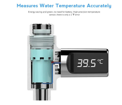 Silver and black decorbites led shower thermometer with digital temperature display and high-precision sensor showing 39.5°c