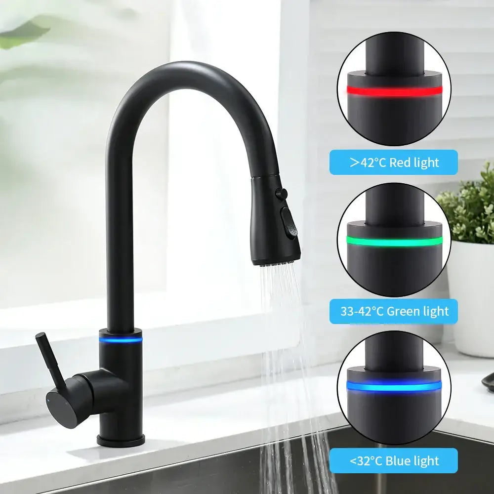 Black matte finish DecorBites LED single hole kitchen faucet with pull out spout and LED temperature indicator lights