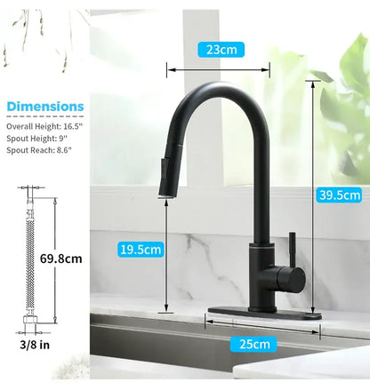 Black matte finish decorbites led single hole kitchen faucet with curved pull-down spray head and stream sprayer