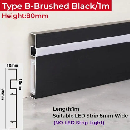 Type b brushed black aluminum baseboard trim 80mm tall with integrated white led skirting aluminum profile strip channel