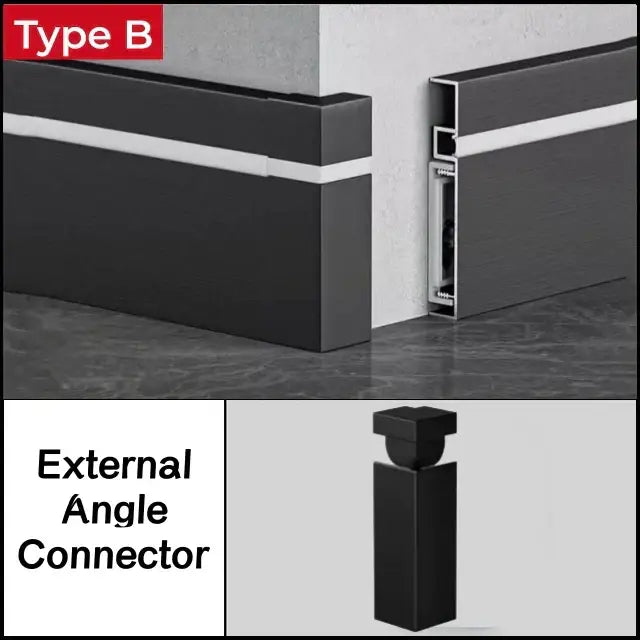 Black matte-finish external angle connector for decorbites led skirting aluminum profiles in corner baseboard installation