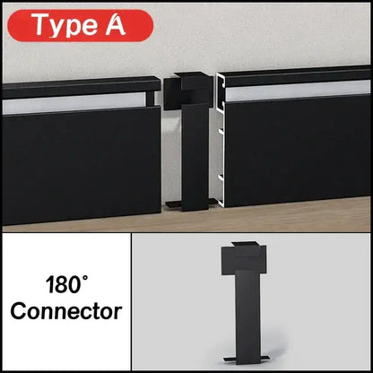 Black 180° connector for decorbites™ led skirting aluminum profiles in brushed gold black for wall paneling use