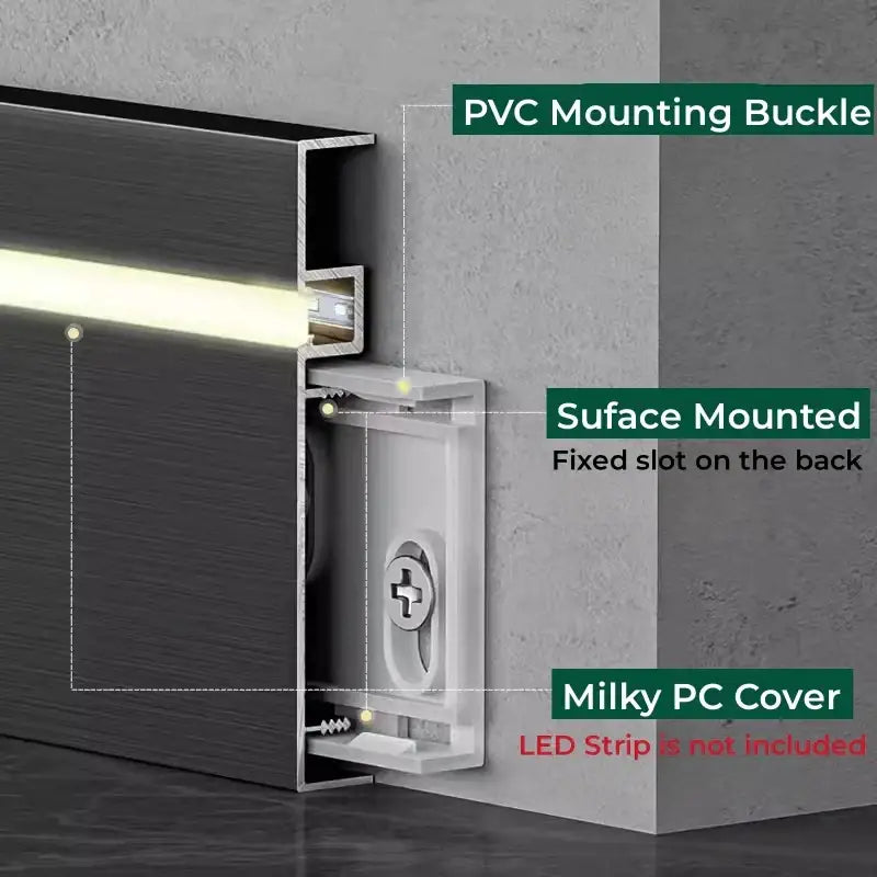 White pvc mounting buckle with fixed slot and milky pc cover for led skirting aluminum profiles installation