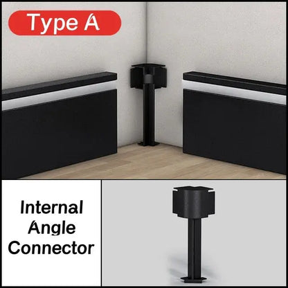 Black metal internal angle connector for corner mounting in decorbites led skirting aluminum profiles system