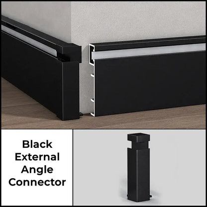 Black external angle connector for decorbites™ aluminum profile baseboard used in led skirting installation
