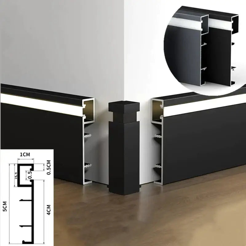 Black aluminum profile baseboard by DecorBites™ with integrated led skirting lighting and precise structural design