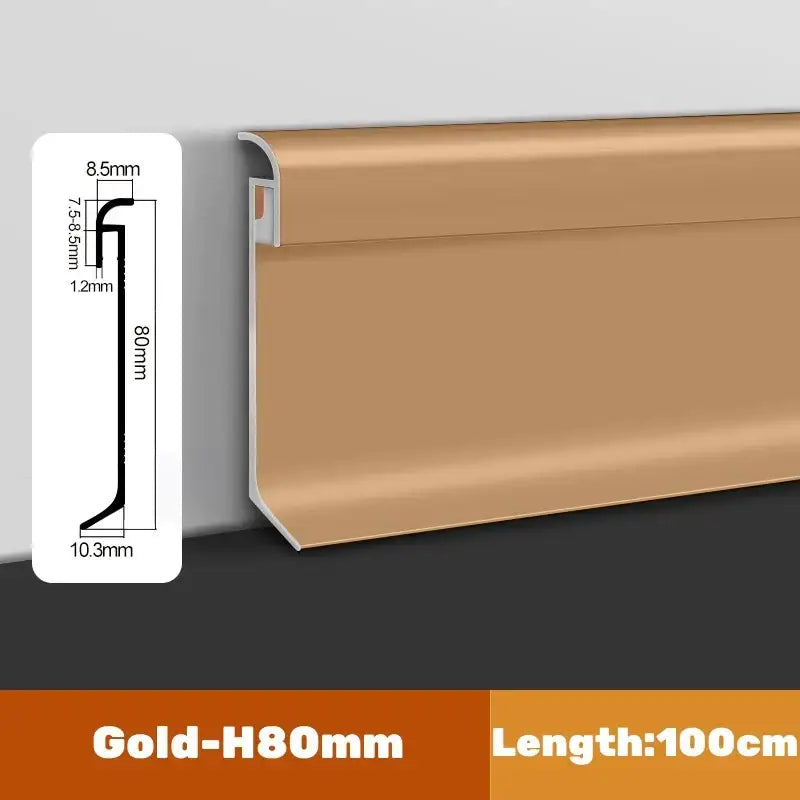 Gold-colored aluminum 80mm high baseboard trim with sleek metallic finish for decorbites led skirting line lighting