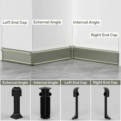 Black plastic corner base with end caps and angled connectors for decorbites led skirting line installation