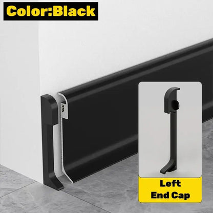 Black plastic baseboard trim with matching left end cap for DecorBites led skirting line with stylish backlighting