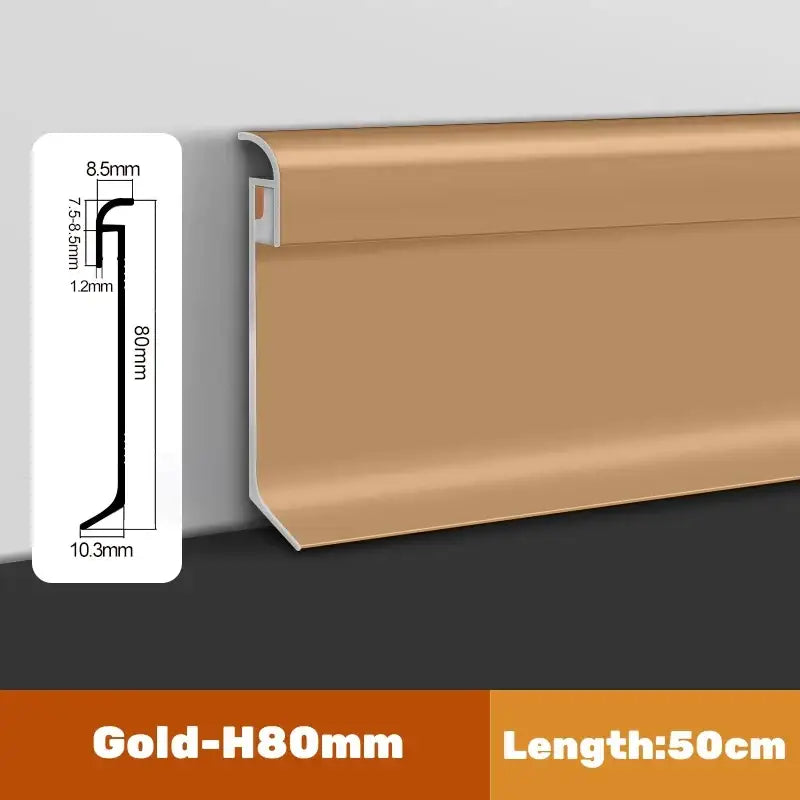 Gold-colored decorbites™ led skirting line aluminum profile with 80mm high baseboard trim and sleek metallic finish
