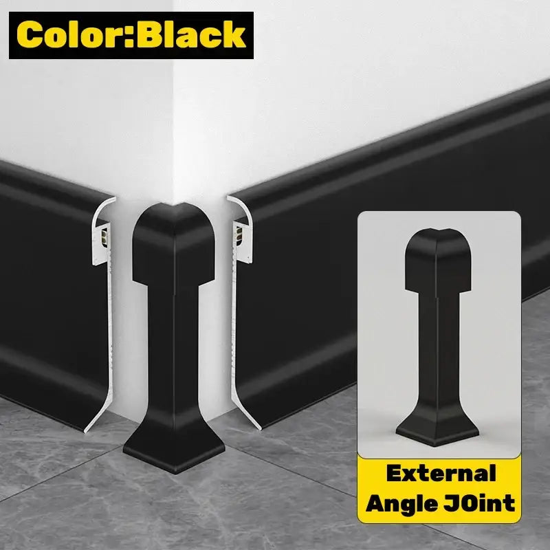 Black external angle joint for decorbites led skirting line made of sleek molded plastic to connect two baseboards