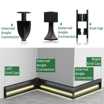 Black aluminum led skirting profile with corner trim, internal and external angle connectors, and end caps for recessed lighting