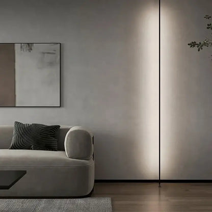 A sleek black decorbites led skyline linear floor lamp with soft diffused light for minimalist living and exhibit decor