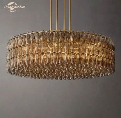 Gold-toned decorbites led smoke glass chandelier with cascading amber crystal tiers for living room decor