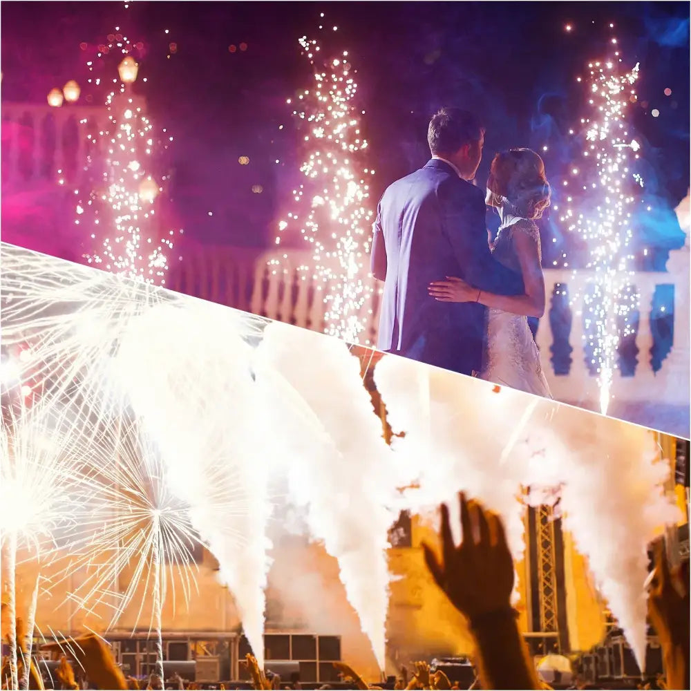 A couple in formal attire stands under vibrant fireworks with decorbites led smoke spray flower enhancing the scene